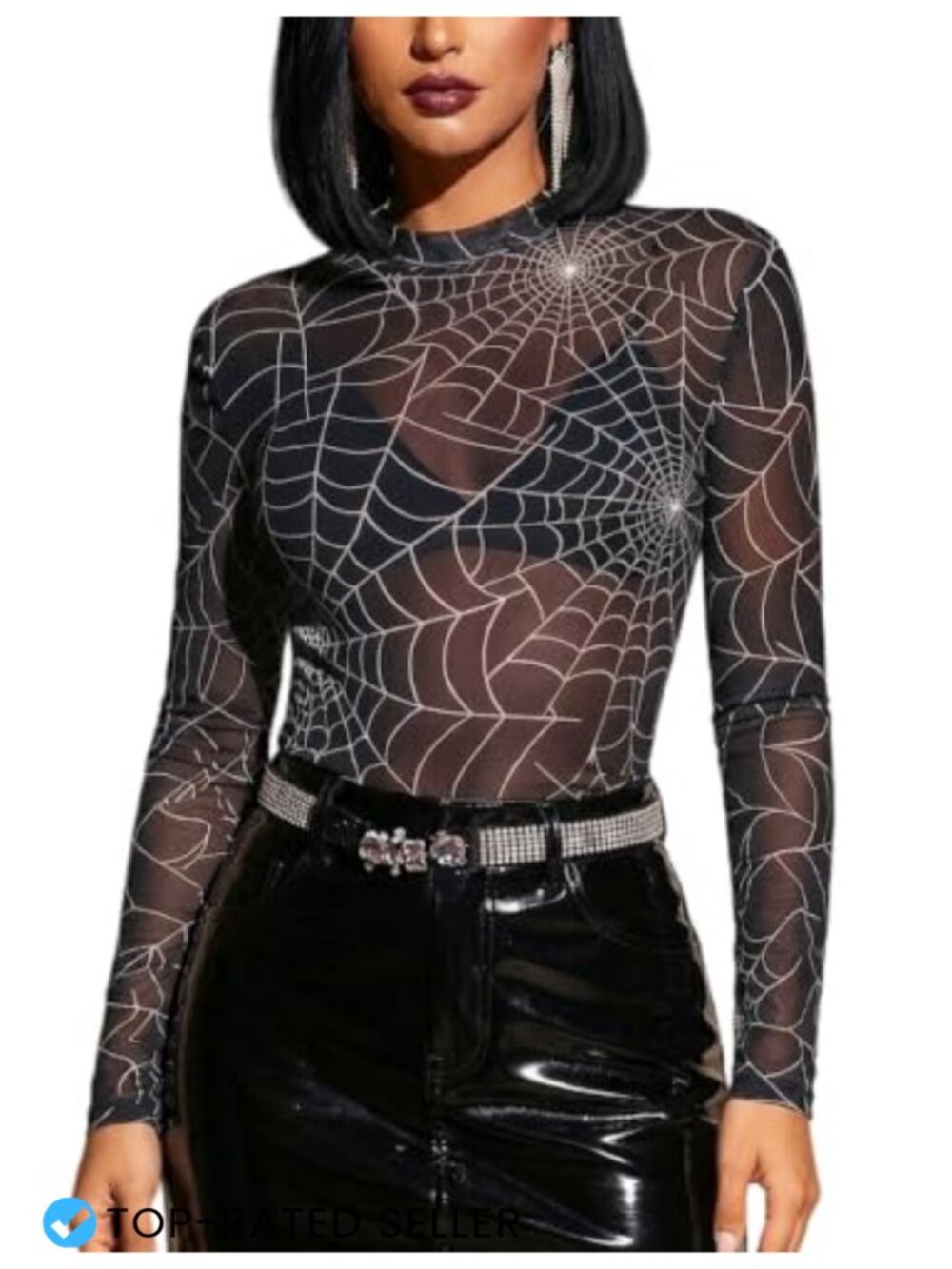 Women's Halloween Spider Web Mesh Long Sleeve Mock Neck See Through Top